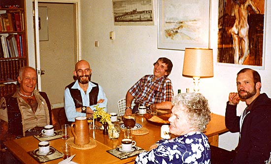 Around Alan's dinner table, left to right, Sailor Sid Diller, Alan Oversby (Mr. Sebastian), Doug Malloy, Elizabeth Weinzirl, and myself (Jim Ward).